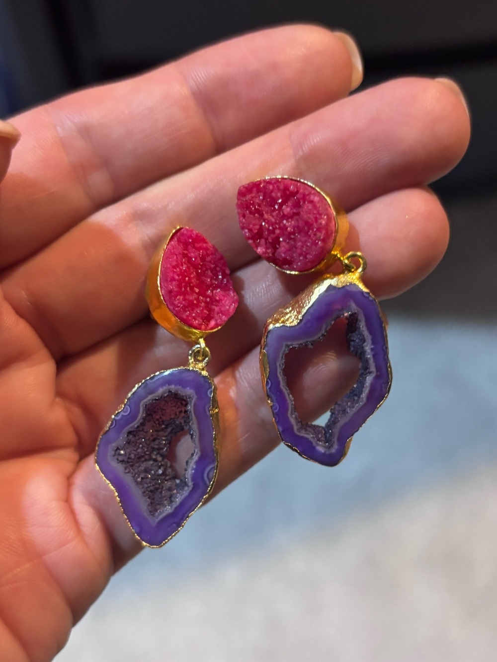 Purple and Pink Druzy Drop Earrings - Gold Trim